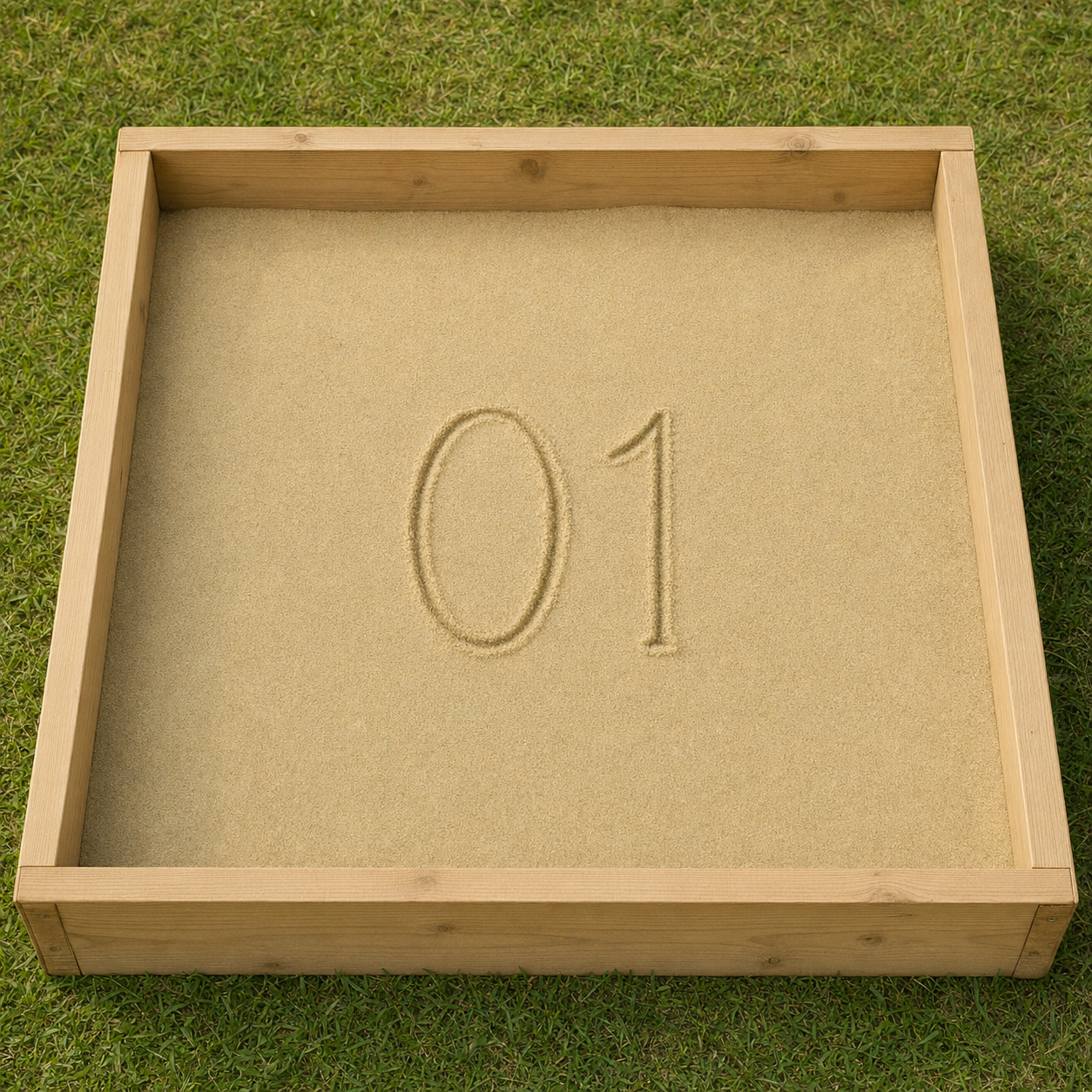 A sandbox with a wooden frame and the number "01" written in the center of the sandbox