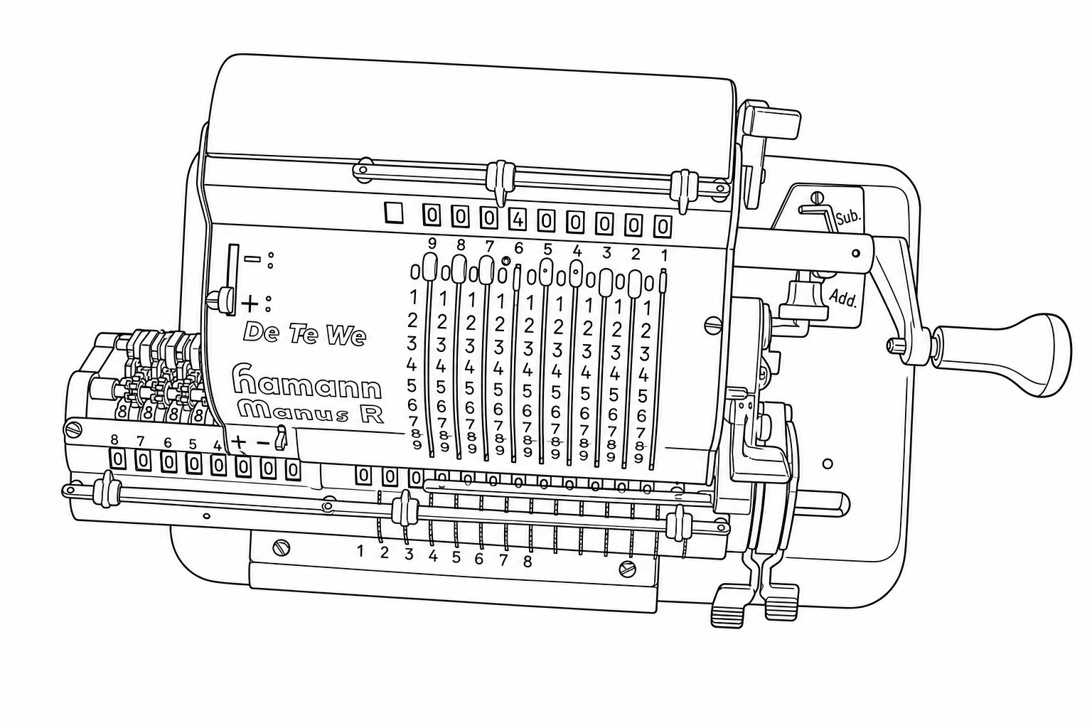 Hamann Manus R mechanical pinwheel calculator — the reference image used to test line drawing conversion at different resolutions and prompt strategies