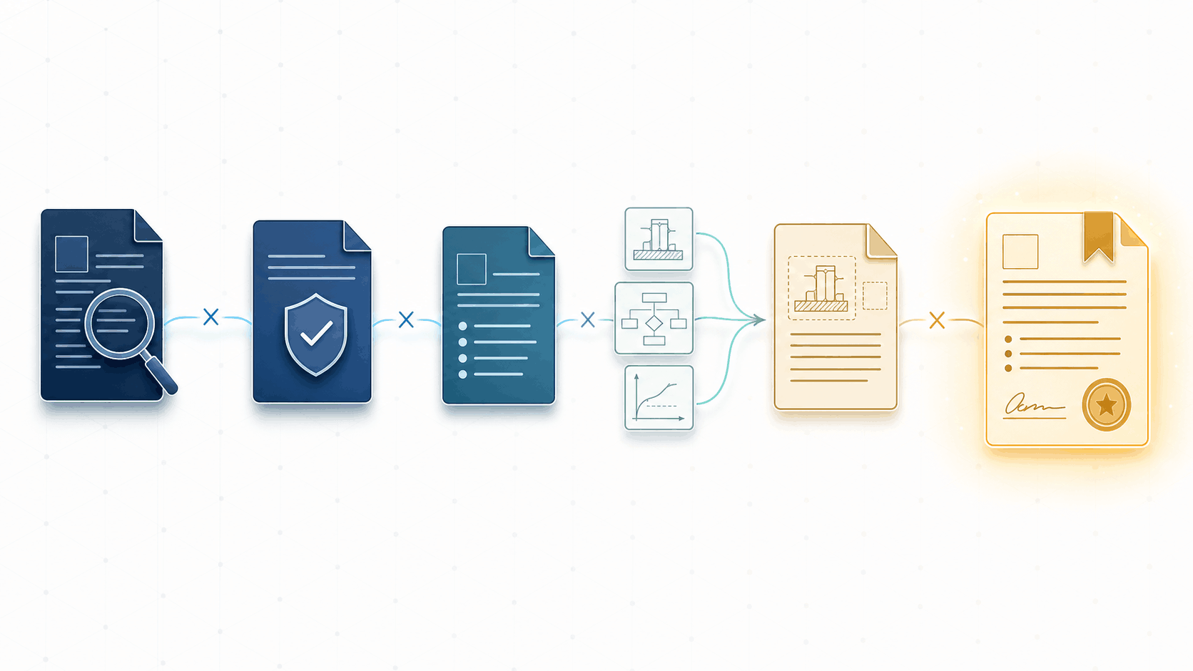 A clean, professional editorial illustration depicting the concept of a structured, multi-stage patent application drafting workflow. The composition shows a series of document artifacts arranged in a