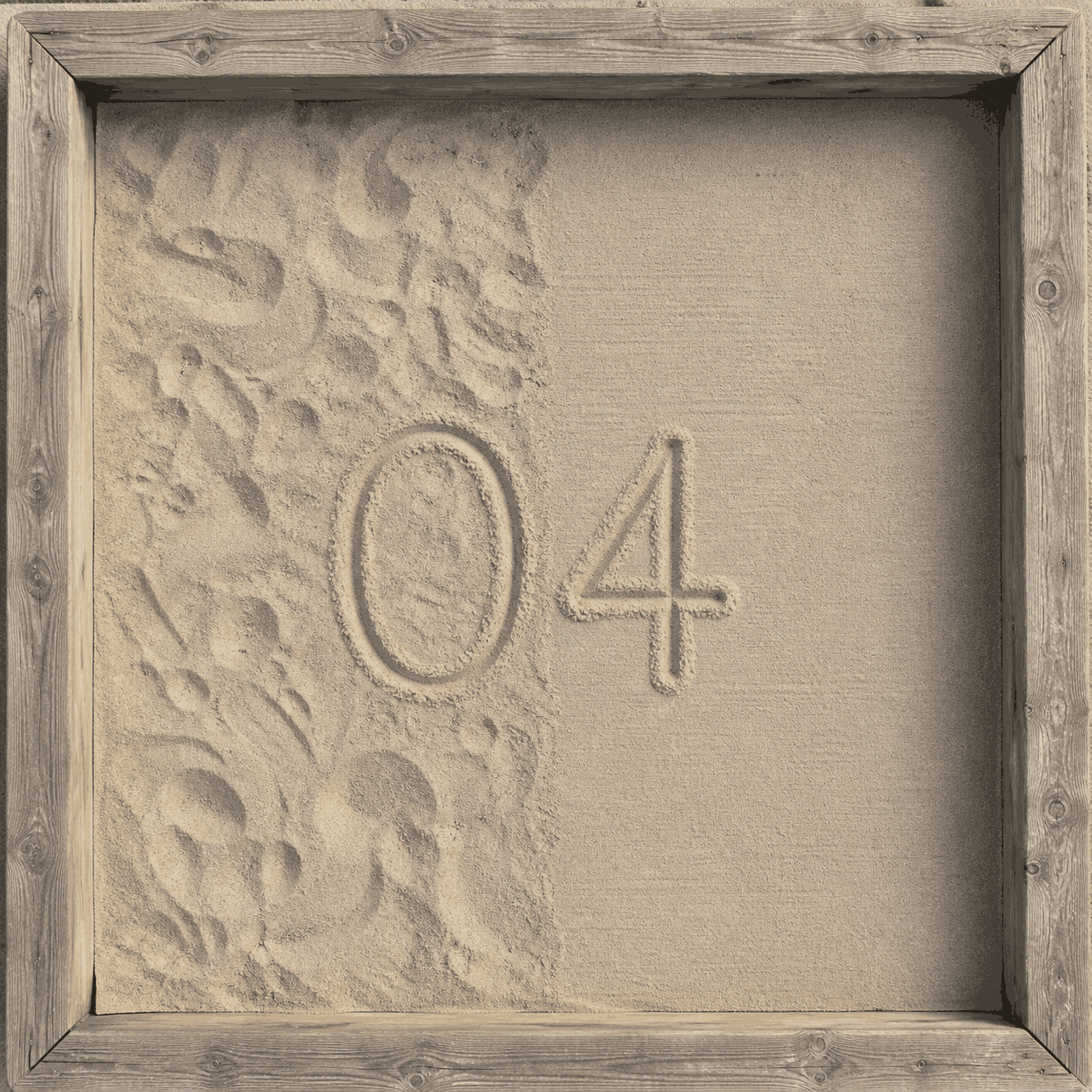 A square wooden sandbox photographed from directly overhead, filling the frame. Weathered pine plank frame with visible grain. Inside is fine, pale beige sand. The number "04" is drawn cleanly into th