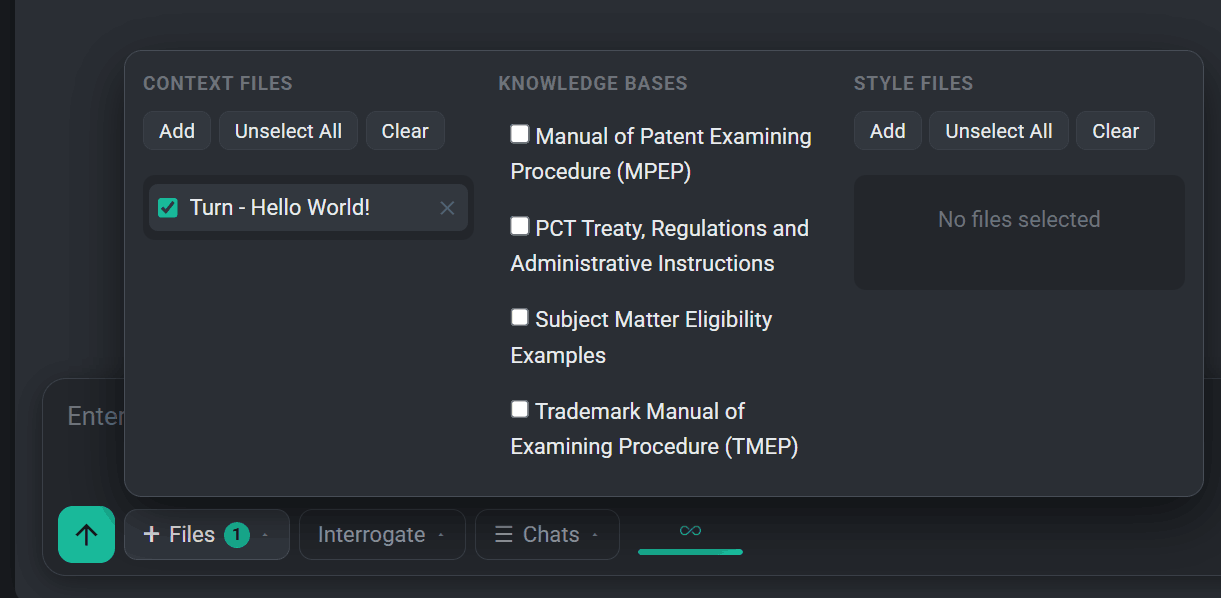 The Files menu showing a saved conversation turn listed among the context files