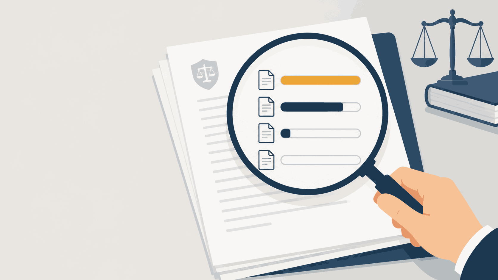 A minimalist illustration of a magnifying glass held over a stack of legal documents, revealing a clean overlay of proportion bars beside each document