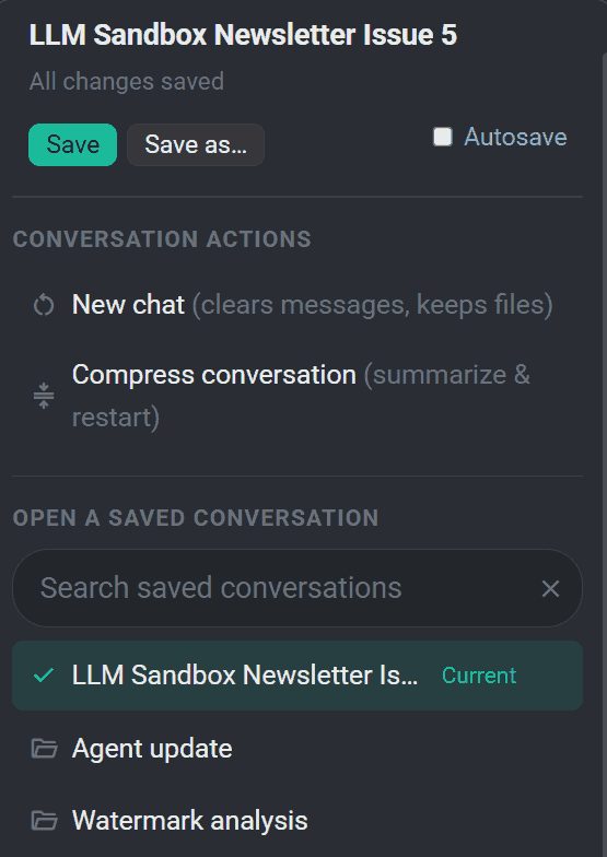 The Chats menu showing the current conversation name and status line, the Save, Save as, and Autosave controls, and the saved conversations list with the active conversation marked Current