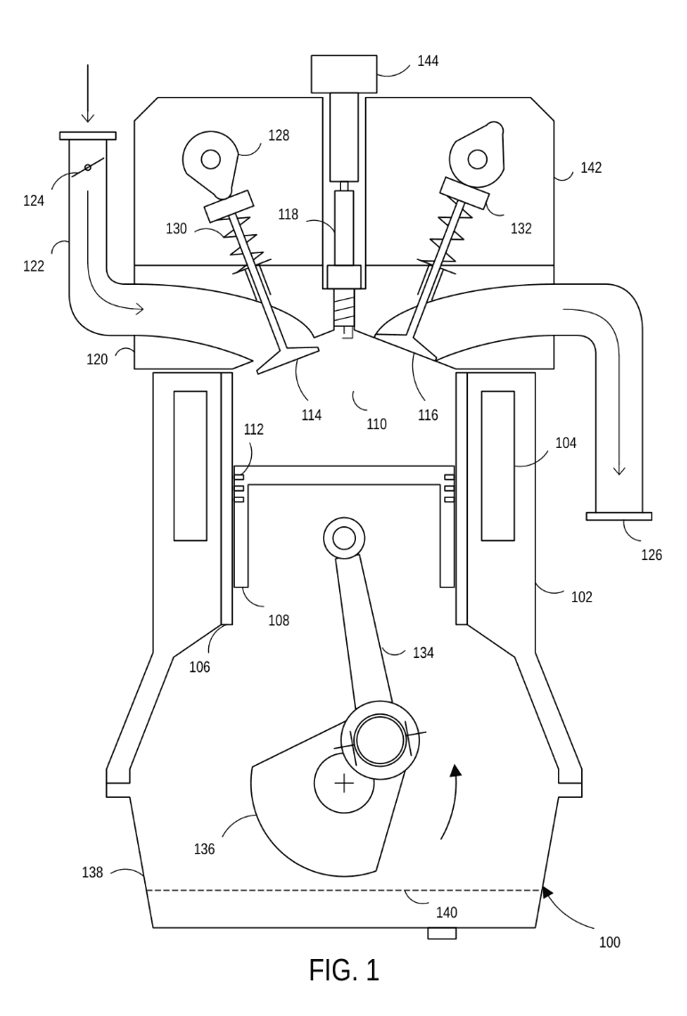 Patent-style cross-section line drawing of a single-cylinder engine with reference numerals, drafted in the LLM Sandbox Figure (Flowchart/Block Diagram) mode