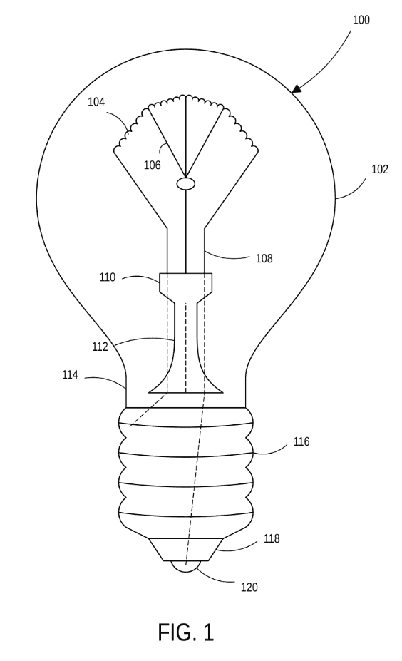 Line drawing of a light bulb showing the glass envelope, filament, support leads, stem and screw base, with dashed internal leads and reference numerals