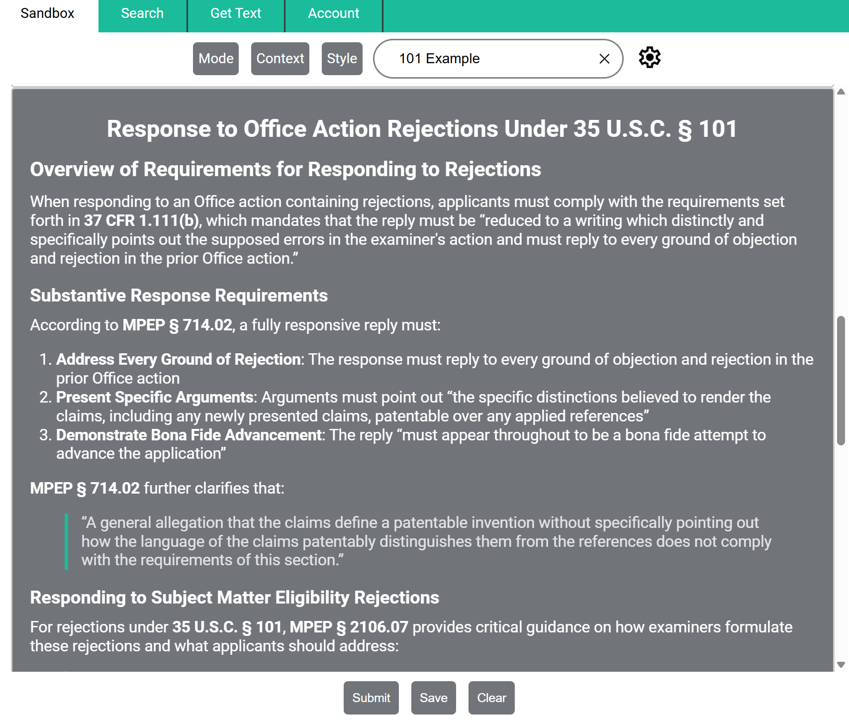 Knowledge base integration showing MPEP citations